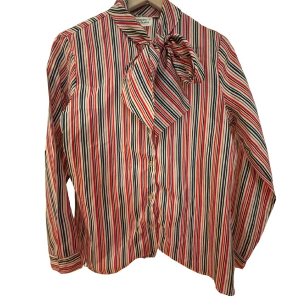 Size 14 Striped Vintage Country Suburbans Blouse with Bow Detail